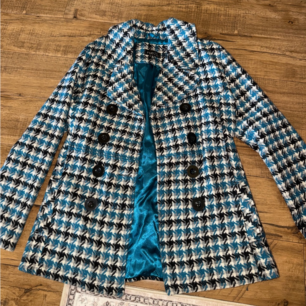 Rue21 Blue & White Houndstooth Double-Breasted Pea Coat